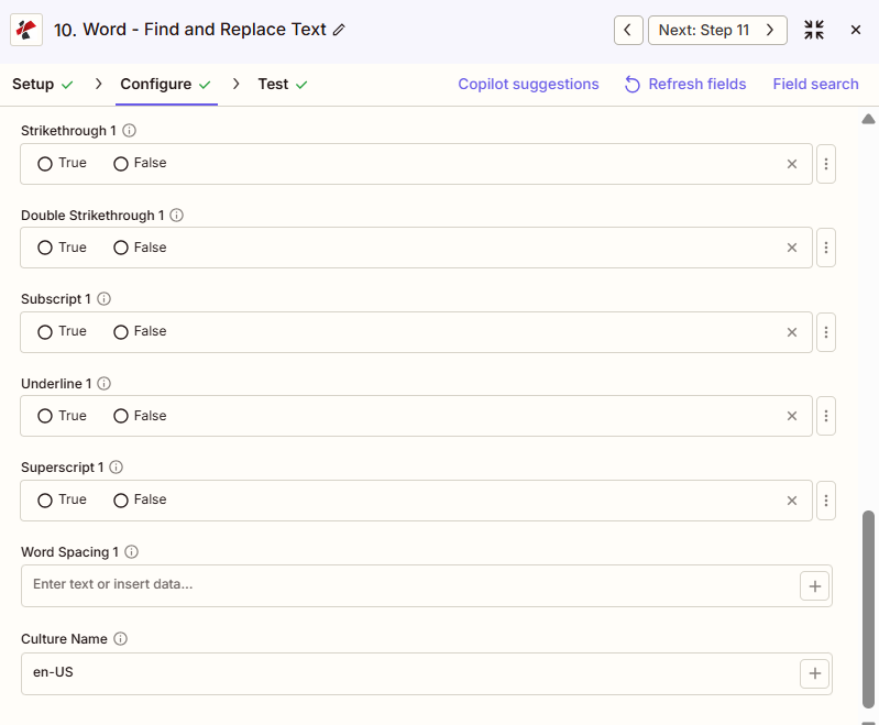Reemplazar texto en Word con Zapier: opciones de formato de fuente para el texto de reemplazo.